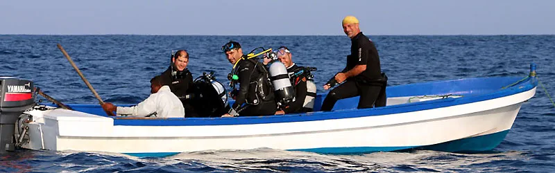 Divers on a boat, right before diving