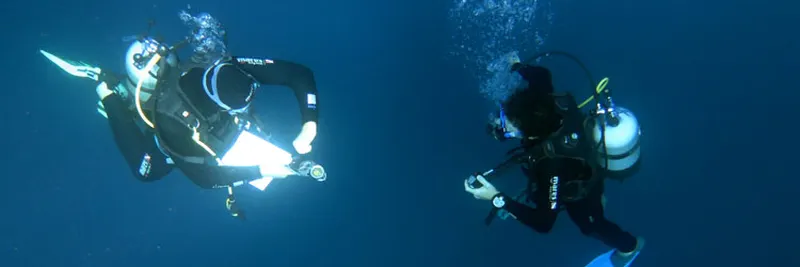 Padi Instructor and dive student in controled ascent